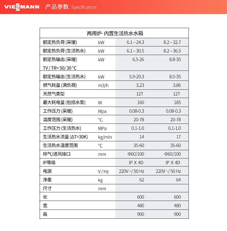  菲斯曼内置水箱进口冷凝26千瓦壁挂炉技术参数如下